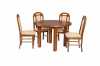 Jídelní Stůl POLI I, konstrukce stolu je velice pevná, je vyrobená z masívu bukového dřeva, vrchní deska kruh dýha průměr 100 cm, po rozložení 140 cm, výška 76 cm, Židle P 4 ks lakování dub rustikál, čalounění 13. Možnost různých kombinací lakování, druhů čalounění, i vytvoření vlastní sestavy - různé modely židlí i stolů.